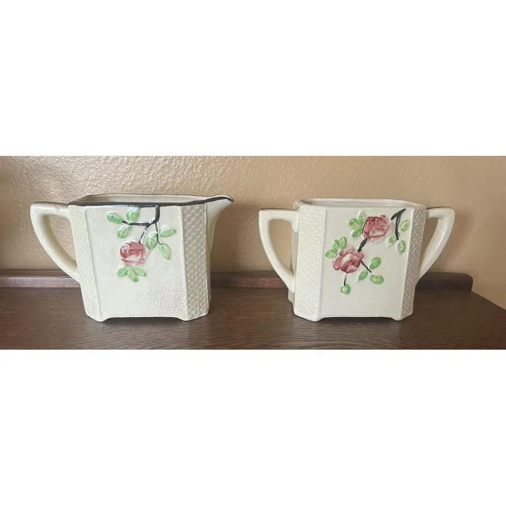 Vtg‎ Moriyama Japan Basketweave Majolica Floral Tea Pot Set Cream Sugar Japan